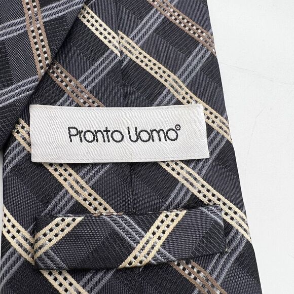Pronto Uomo Silk Tie Gray and Cream Plaid 3” x 62” - Picture 4 of 9